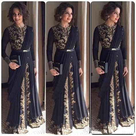 2016 Black Arabic Evening Dresses Crew Long Sleeves Floor Length Appliqued Musilm Dubai Formal