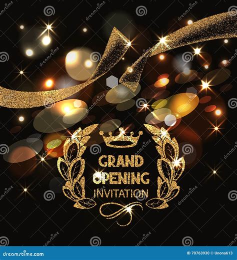 Grand Opening Invitation Card With Gold Abstract Sparkling Ribbon Stock