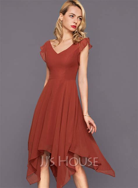 A Line V Neck Asymmetrical Chiffon Cocktail Dress With Cascading Ruffles 016140370 Jj S House