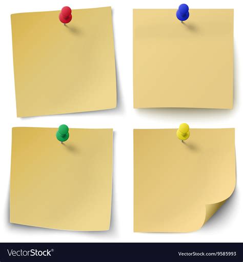 Set Of Yellow Sticky Notes With Push Pins Vector Image