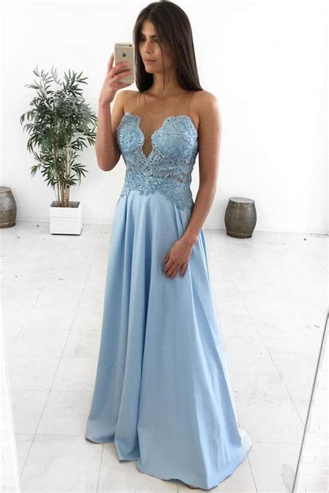 A Line Illusion Round Neck Light Blue Satin Prom Dress With Appliques