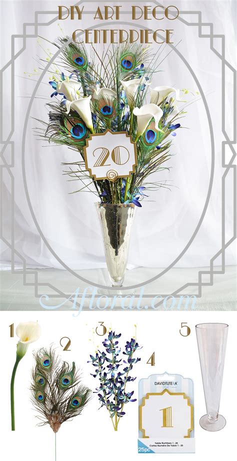 Purple art deco hollywood invitations. Art Deco Wedding Centerpiece with peacock feathers calla ...