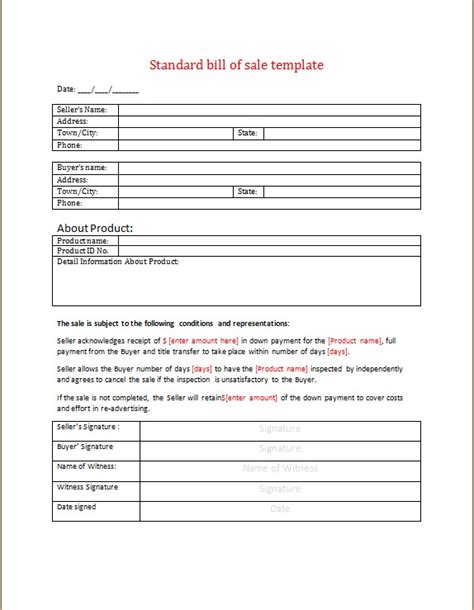Standard Bill Of Sale Word Template Microsoft Word And Excel Templates