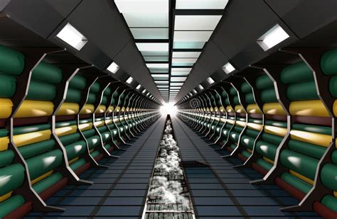 Sci Fi Modern Cylinder Corridor Illuminated With Neon Lights Stock