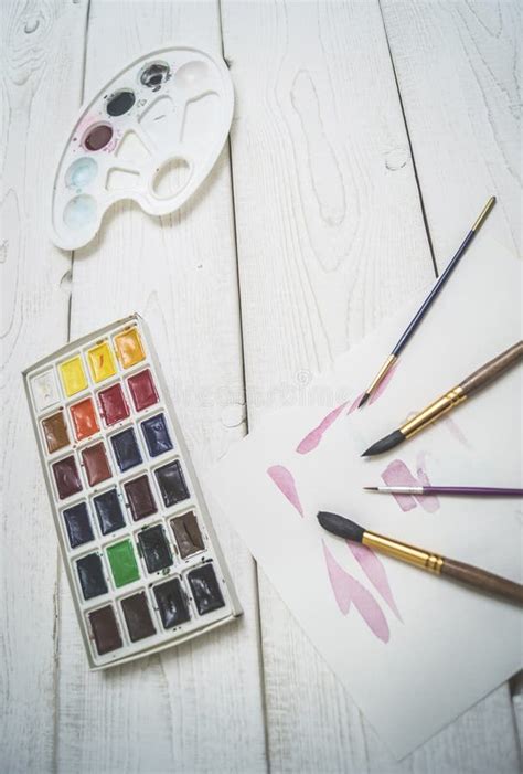 Brush Watercolor And Palette Stock Image Image Of Artwork Background