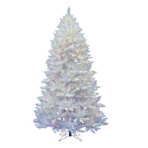 A White Artificial Christmas Tree With Lights On Its Top And Bottom