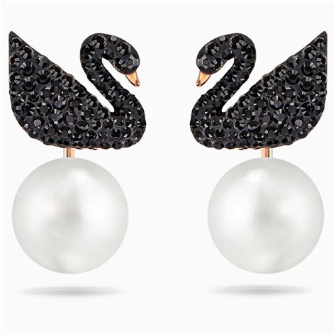 Swarovski Iconic Swan Pierced Earring Jackets Black Rose Gold Tone Plated