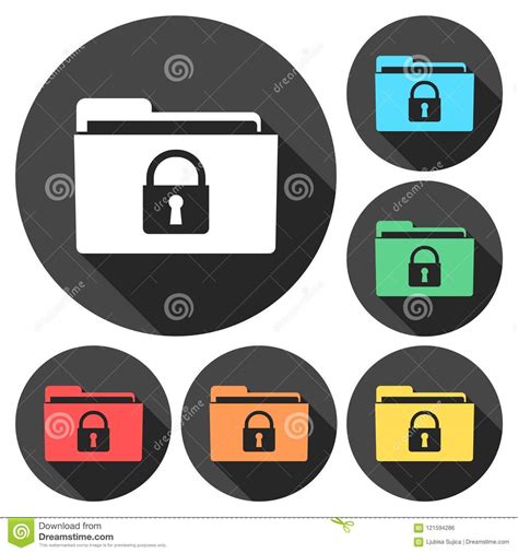 Folder With Lock Pad Icons Set With Long Shadow Stock Vector