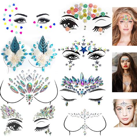 Buy 8 Sets Face Tattoo Stickers Bohemian Rhinestone Crystal Mermaid