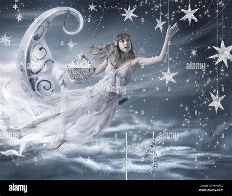 Surreal Fairy Tale Artwork Girl On Moon Stars Night Sky Ledder To