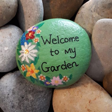 Hand Painted Welcome To My Garden Rock Painted Garden Rocks Painted Rocks Diy Rock