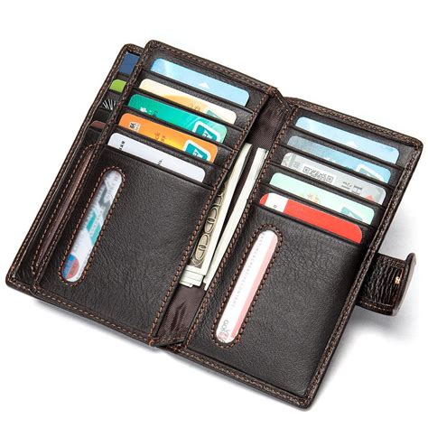 Black Leather Mens Wallet Trifold Long Wallet Multi Cards Long Wallet