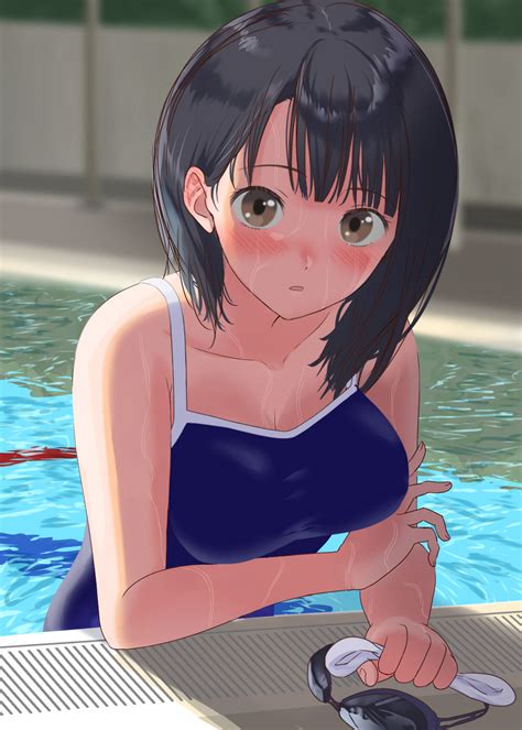 Uhyoko Shirai Hinako Blue Reflection Highres 1girl Blush Pool School Swimsuit Swimsuit