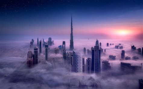 Cityscape Burj Khalifa Dubai City Sunrise Mist Skyscraper