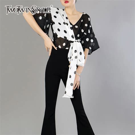 twotwinstyle chiffon shirt female dot patchwork v neck flare sleeve lace up bow short blouse top