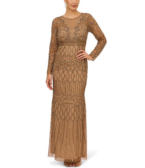 Adrianna Papell Beaded Illusion Crew Neck Long Sleeve Gown Dillards