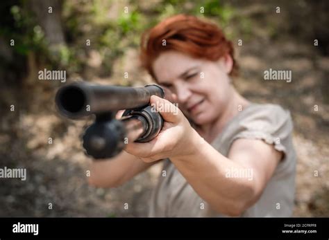 Woman Shooting With Pump Gun Shotgun Front View Gun Point Stock Photo My Xxx Hot Girl