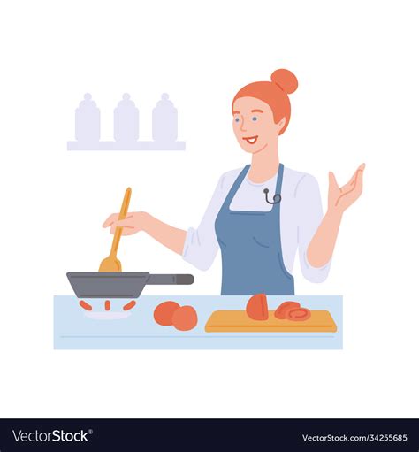 Woman Cooking Food In Kitchen Cartoon Cook Vector Image