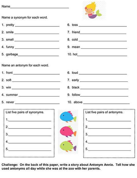 Synonym And Antonym Worksheet 4th Grade