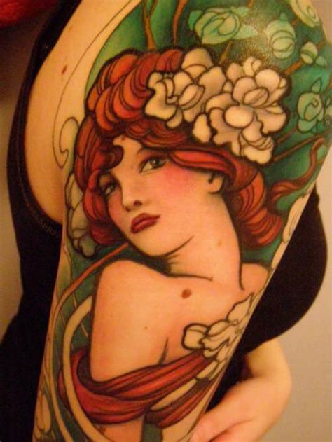 A Stunning Jeff Gogue Art Deco Tattoo Of A Pin Up Girl With Flowers In