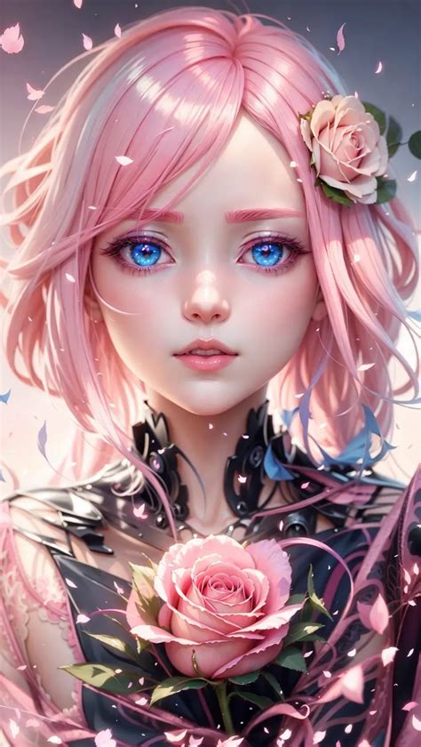 Dopamine Girl Anime Girl With Blue Eyes And Pink Hair Holding A Rose