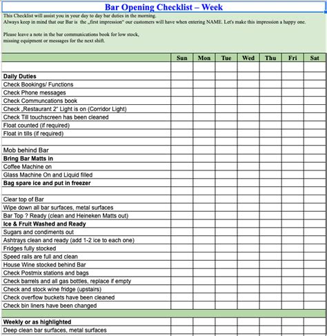 Free Bar Cleaning Opening And Closing Checklist Template Google Sheets