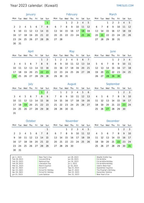 Calendar For 2023 With Holidays In Kuwait Print And Download Calendar