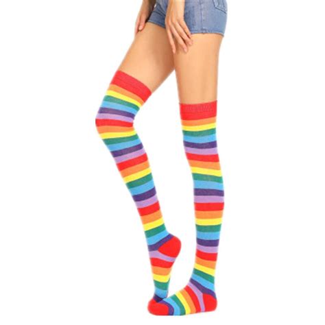 Colorful Rainbow Womens Stockings Cotton Stripe Lengthened Large Size Over The Knee Socks Thigh