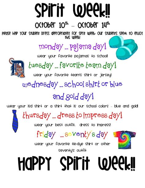 Spirit week is usually held during the week before the school's homecoming, but any week of the year can be used. 22. have a spirit week | School-Wide Reading Incentive ...