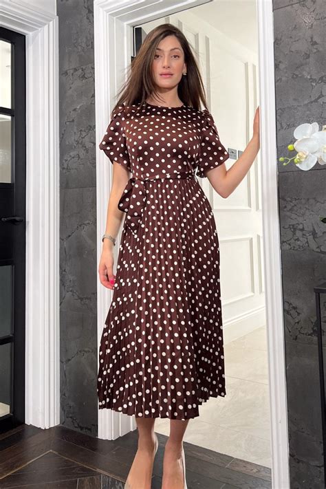 Calista Brown Polka Pleated Midi Dress New In From Yumi Uk