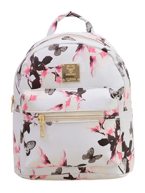 Allover Vintage Flower Print Backpack White Women Leather Backpack