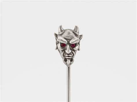 Devil Lapel Pin In Oxidized Silver With Ruby Or Diamond Eyes Snake Bones