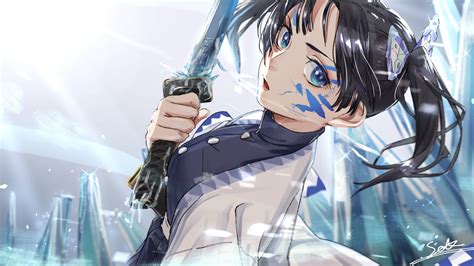 Demon Slayer Aoi Kanzaki With Sword With Background Of