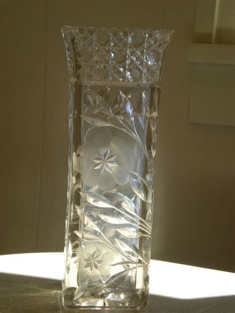 Tall Lead Crystal Cut Glass Square Vase Etched Flowers Stems Etsy