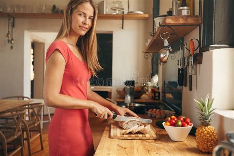 Beautiful Woman Preparing Breakfast In Her Kitchen Stock Image Image Of Cutting Healthy 55456747