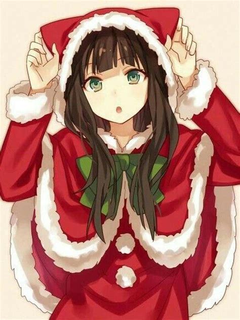 Anime Girl Christmas Cat Outfit Brown Hair Green Eyes Red Green