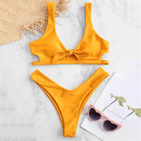 Zaful Knotted Cut Out Bikini Set Women Bikini Beachwear Swimsuit Swimwear Bikini Women 2019
