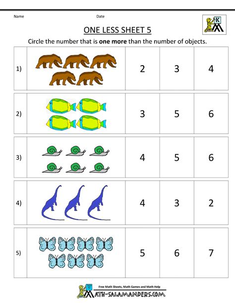Kindergarten Math Printable Worksheets One Less Socialwebrowsing