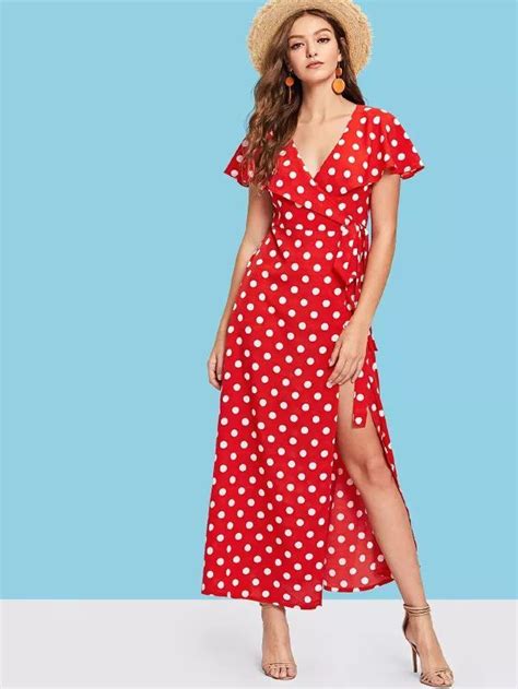 Wrap Knot Polka Dot Split Dress Shein Sheinside Polka Dots Dress Outfit Split Dress Red