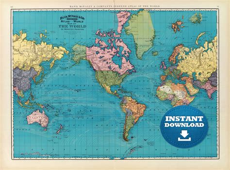 Large Vintage World Map Digital Old Hight Printable Download World