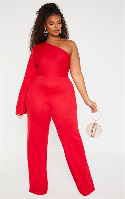 Plus Red One Shoulder Jumpsuit Plus Size Prettylittlething