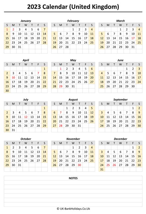 Download Yearly Uk Calendar 2023 With Notes Portrait Layout