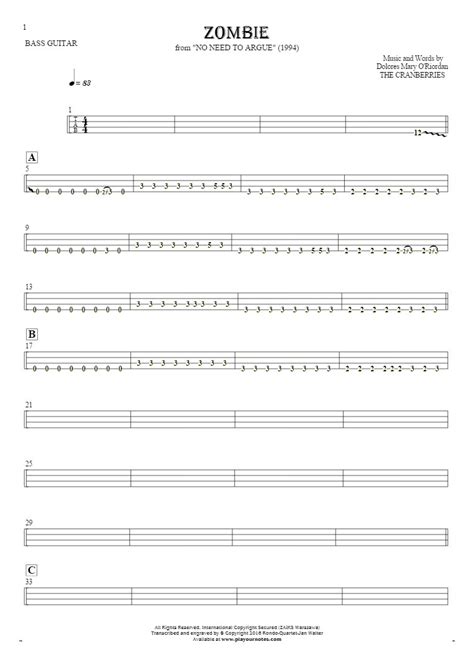 This guitar tutorial includes the chords, chord progression, strumming pattern in this video, i describe a common problem with the way guitarists cover popular songs by using open chords far too regularly. Zombie - Tablature for bass guitar | PlayYourNotes