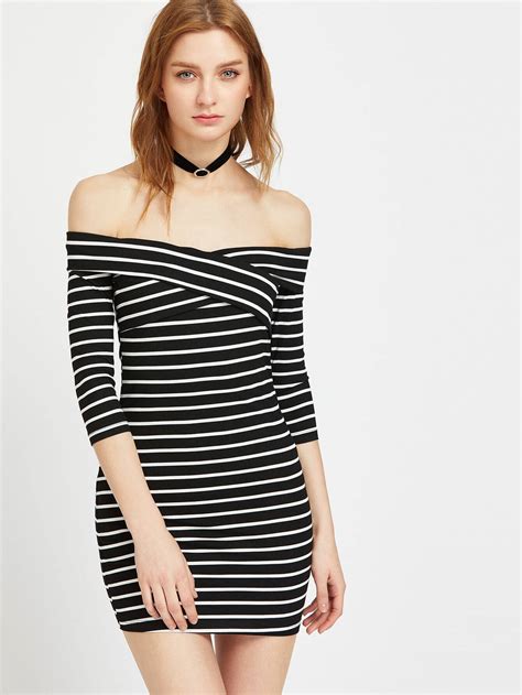 Black And White Striped Off The Shoulder Bodycon Dress Shein Sheinside