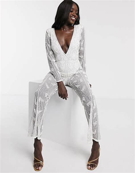 Dolly And Delicious All Over Embellished Sheer Leg Jumpsuit In White Asos