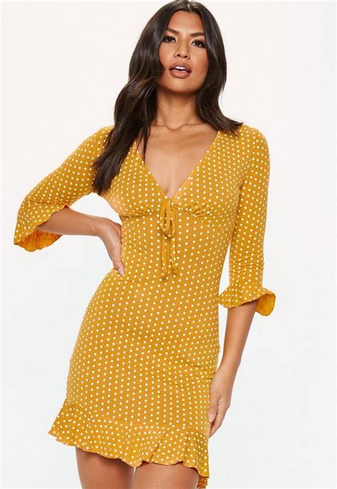 Yellow Polka Dot Print Frill Tea Dress Missguided Australia