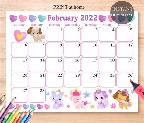 February 2022 Calendar Digital Download Monthly Calendar For Etsy