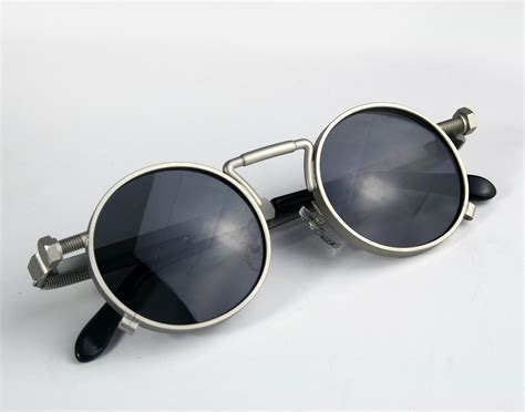 Round Steampunk Sunglasses With Spring On Temples Silver Metal Frame Polarised Lens Gs 1985