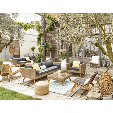 Bigzzia rattan garden furniture set, 4 piece patio rattan furniture sofa weaving wicker includes 2 armchairs,1 double seat sofa and 1 table (black) 3.7 out of 5 stars 142 $172.99 $ 172. 3/4 Seater Wicker and Canvas Garden Sofa in Charcoal Grey Feroe | Maisons du Monde