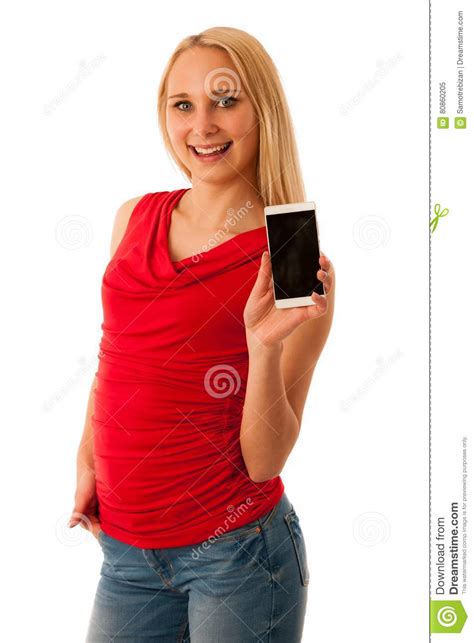 happy blonde woman shows a smartphone isolated over white background stock image image of